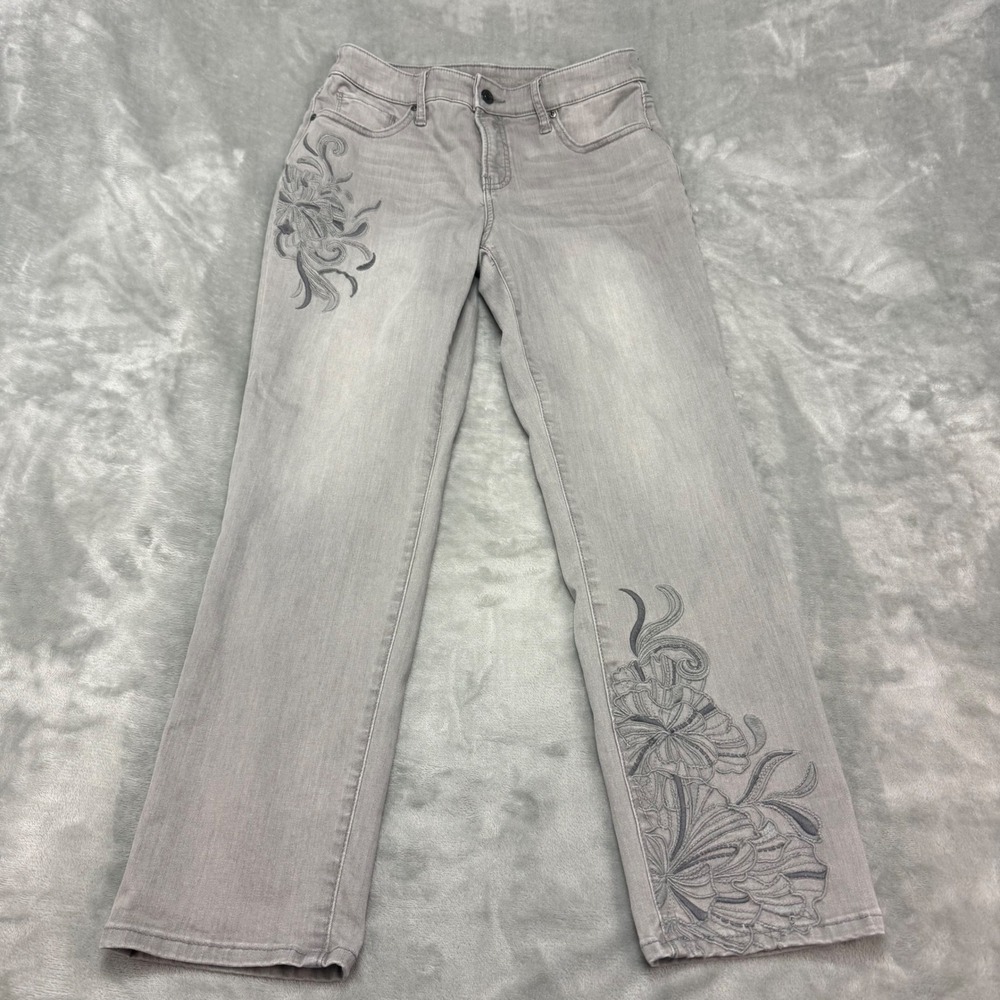 Chicos Grey 4R Floral So Slimming Leg Ankle Jeans Women's Size 4R (28.5x27)‎